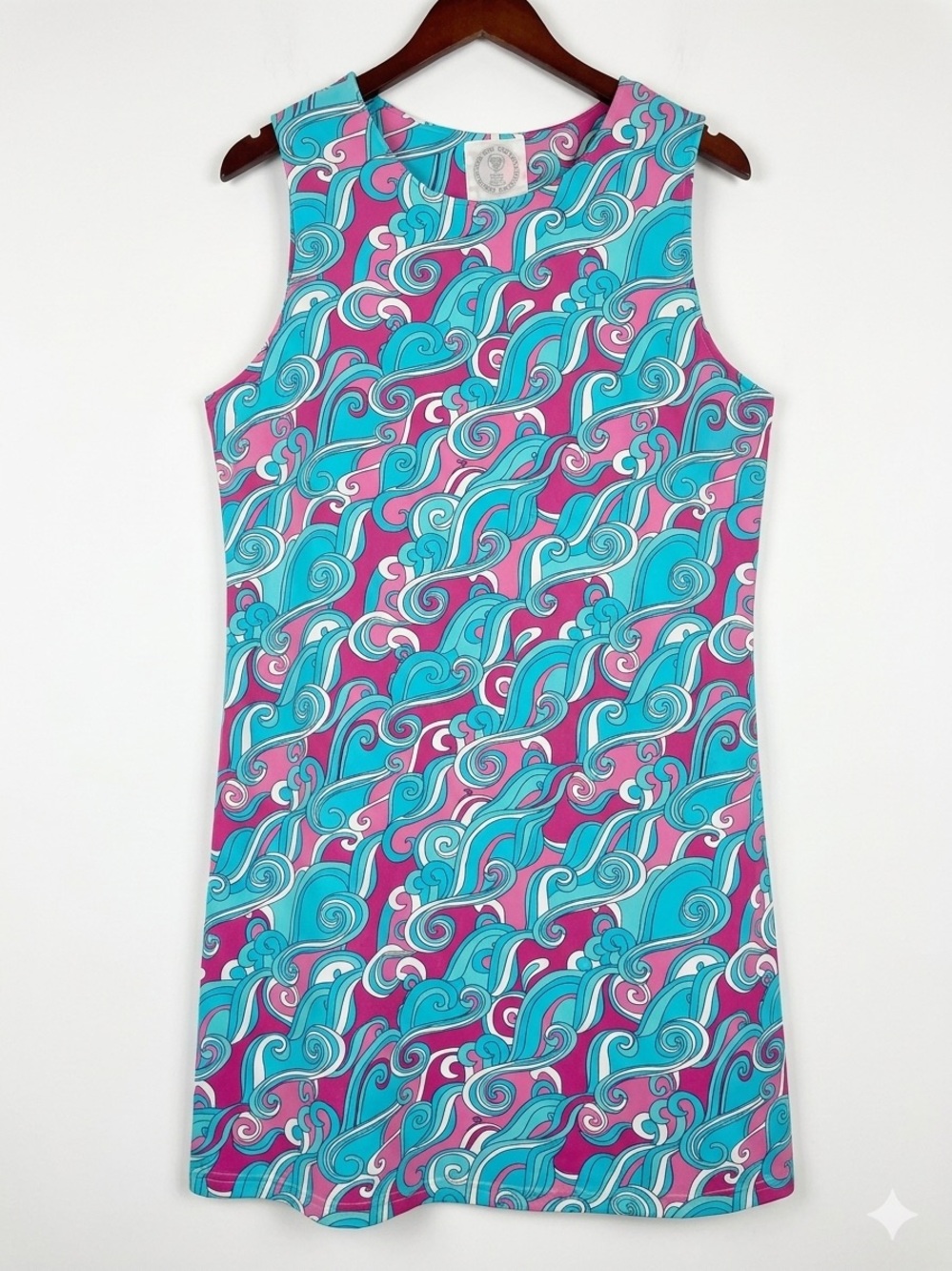 Banana Boat UPF 50+ Sun Sleeveless Shift Dress Pink Aqua Wave Retro Coastal L